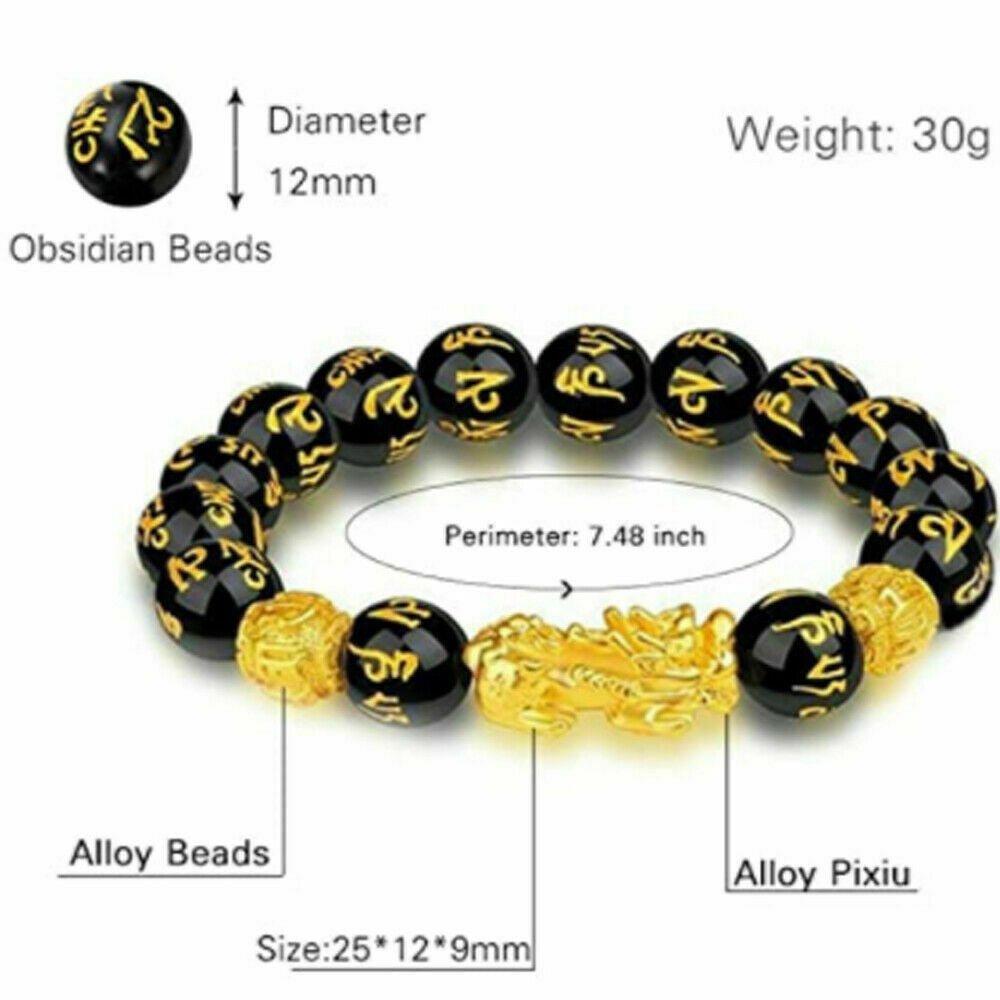Black Obsidian Feng Shui Pi Xiu Bracelet Beads Attract Good Luck Wealth