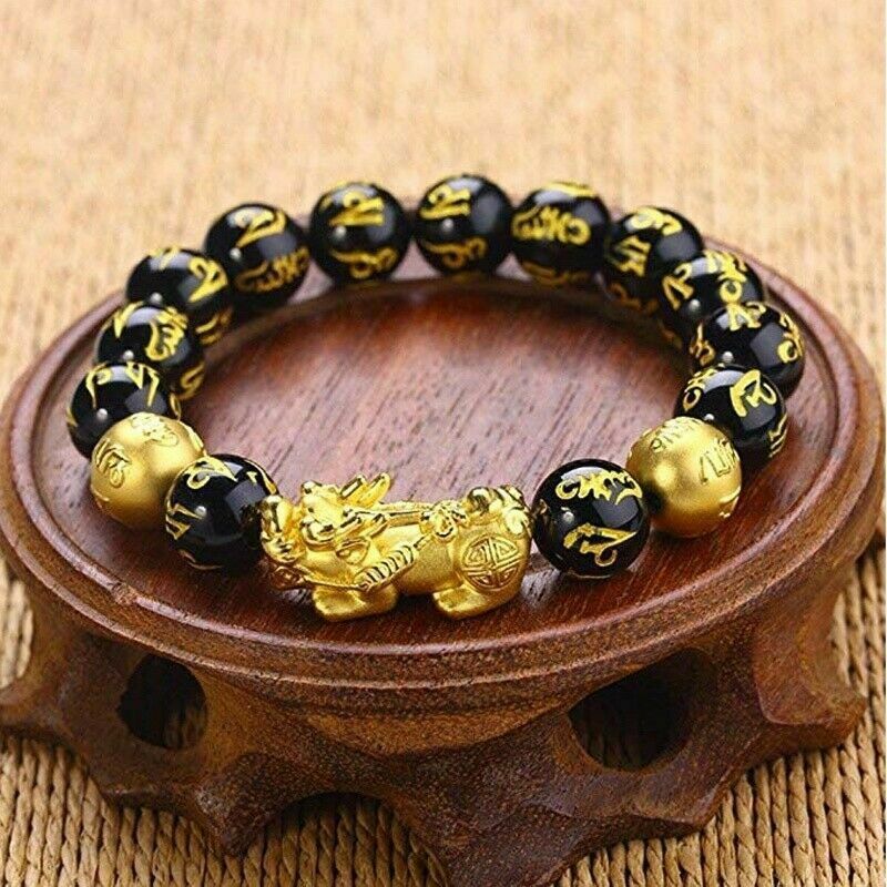 Black Obsidian Feng Shui Pi Xiu Bracelet Beads Attract Good Luck Wealth