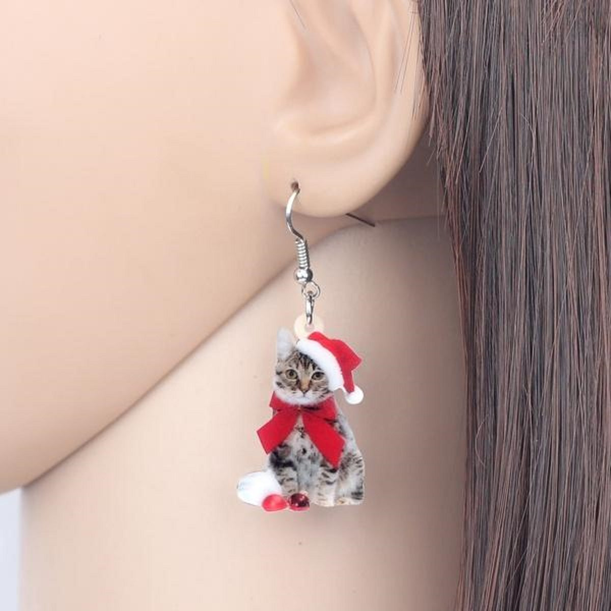 Red Acrylic Christmas Kitten Earrings - One Pair with Random Design and Color