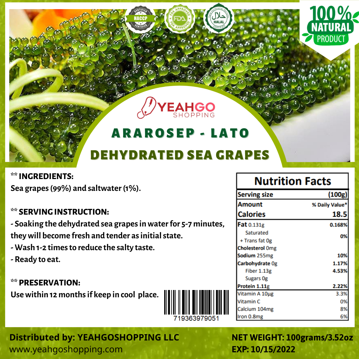 YEAHGOSHOPPING DRIED SEA GRAPES / DEHYDRATED CAULERPA LENTILLIFERA (100gram/ 3.52 Oz)