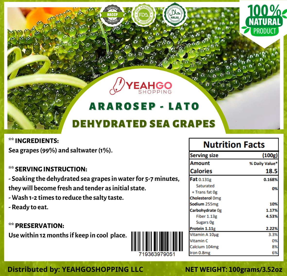 YEAHGOSHOPPING ORGANIC DRIED SEA GRAPES / SEAWEED / DEHYDRATED CAULERPA LENTILLIFERA 100% NATURAL (100gram/ 3.52 Oz)