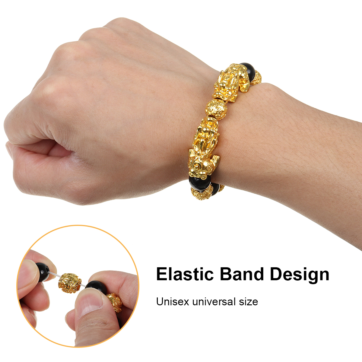 Ethnic Gold Six-Word Admonition Lucky Black Obsidian Feng Shui Pixiu Bracelet