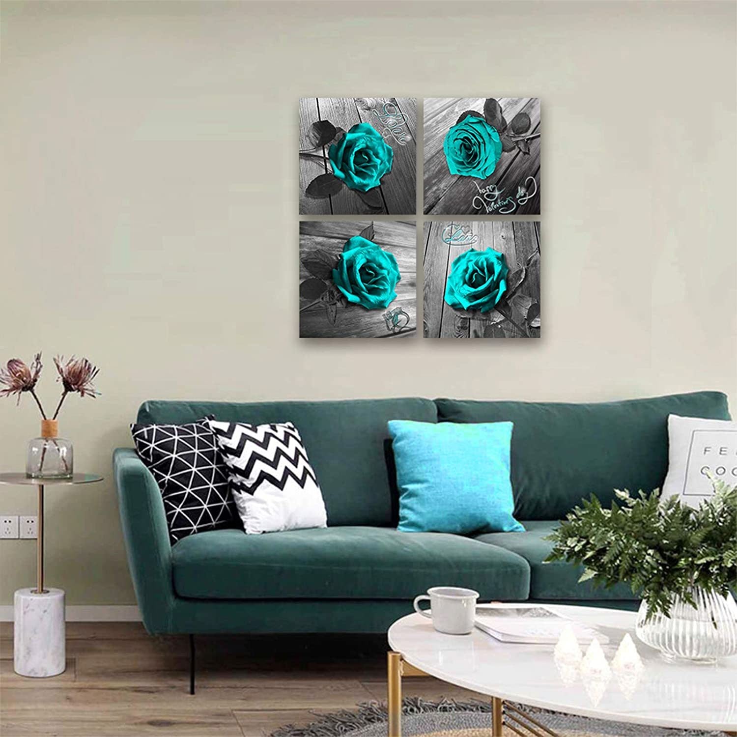 Canvas Wall Art Teal Blue Rose Canvas Prints Black and White Turquoise Floral Artwork Modern Frame Flower Pictures Canvas Art Wall Decor for Bedroom Living Room