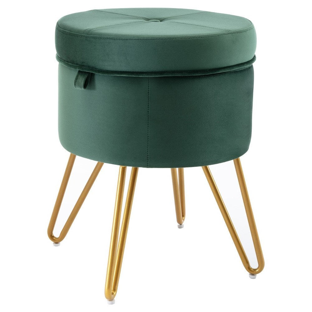 CoVibrant Velvet Vanity Stool with Storage and Tray Mid Century Small Round Ottoman for Bedroom Makeup Desk Living Room