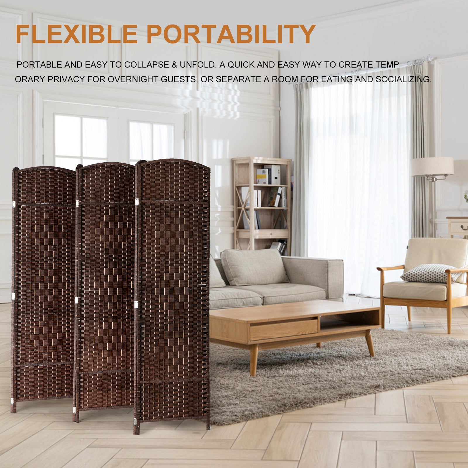 Room Divider, Weave Fiber Extra Wide Room Divider, Double Hinged,6 Panel Room Divider & Folding Privacy Screens, Freestanding Room Dividers RT