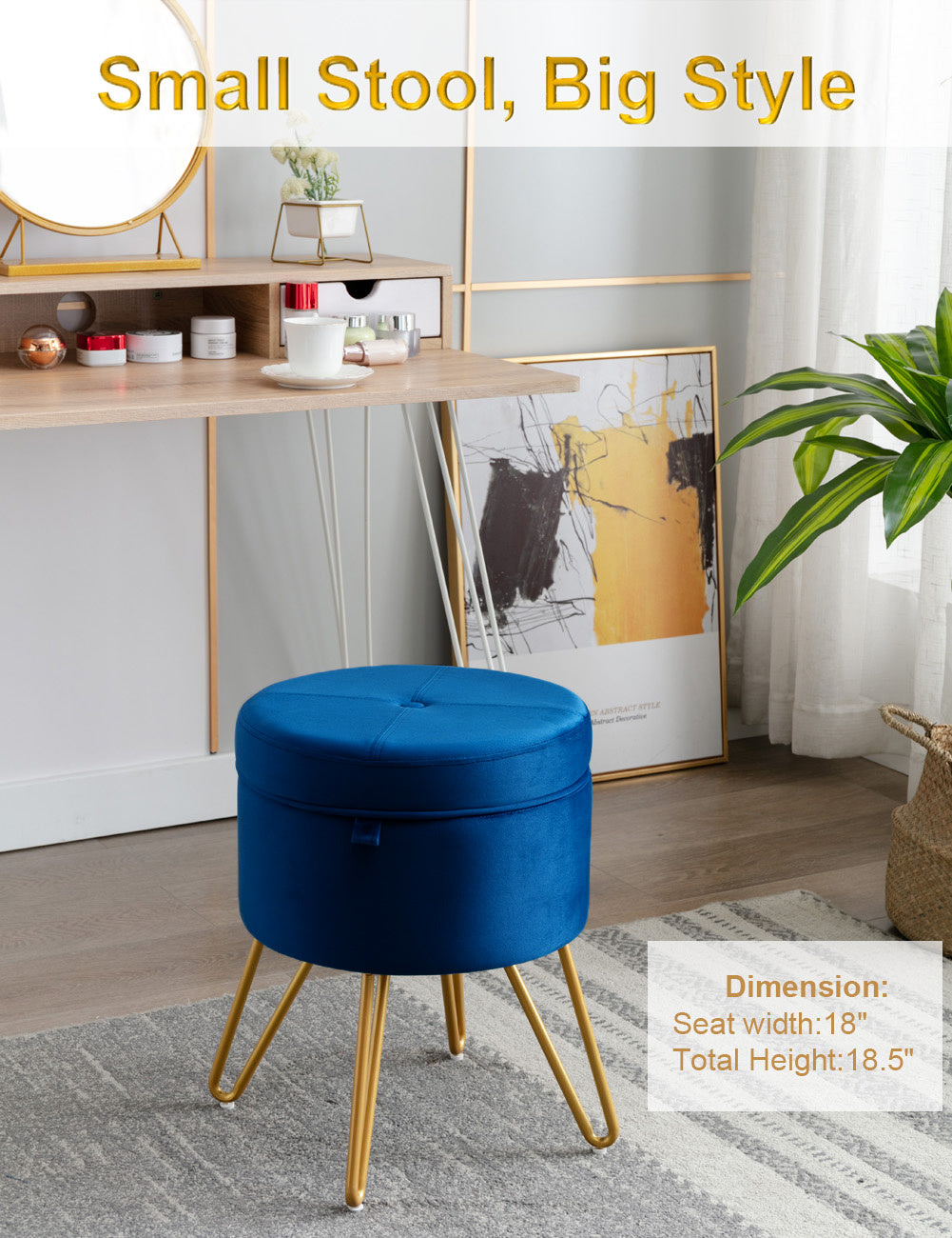 CoVibrant Velvet Vanity Stool with Storage and Tray Mid Century Small Round Ottoman for Bedroom Makeup Desk Living Room