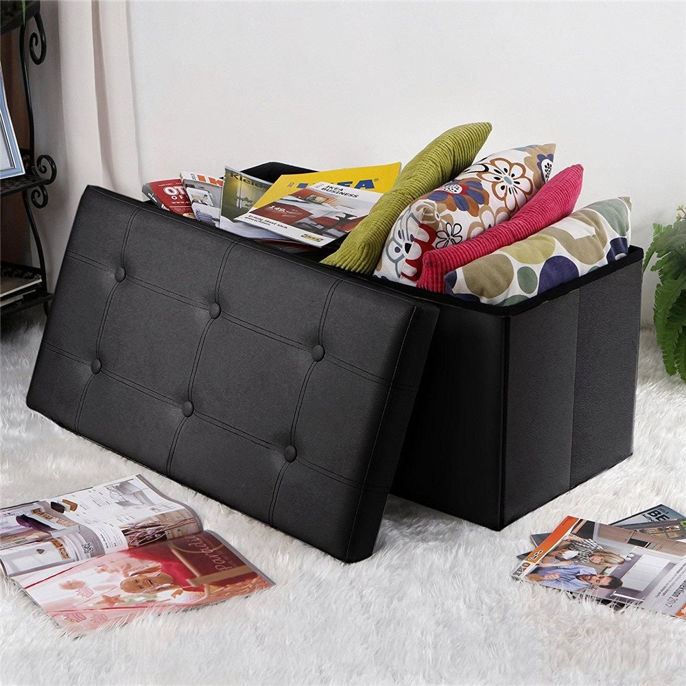 30" Folding Storage Ottoman Bench, Faux Leather Footrest for Living Room, End of Bed Bench with Padded Seat