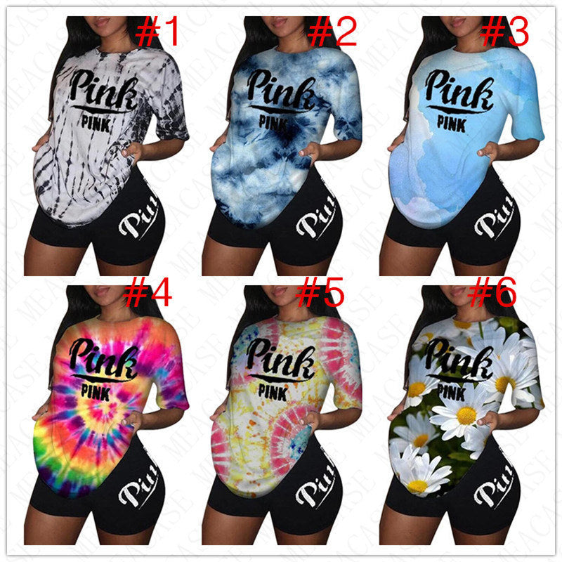 Women Summer Designer 2 piece Outfit Color Tie-dye Trendy Pink Letter Print Floral Tracksuit T-shirt Pullover Tops + Biker Shorts Sports Suit 3xl D52712