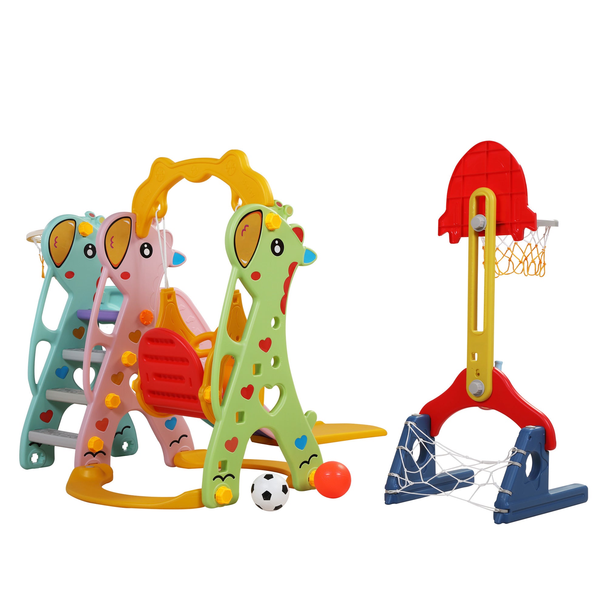 Children Slide Swing Set, 5-in-1 Combination Activity Center Freestanding Slides Playset for Kids Indoor Toddler Climbing Stairs Toy with Basketball Hoop Game Outdoor Playground XH