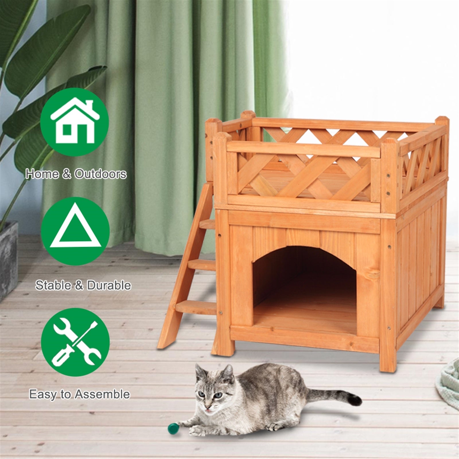 Wooden Cat Pet Home, Pet Products Insulated Cat House Small Living House Kennel with Ladder Platform Pet House Small Dog Indoor Outdoor Shelter