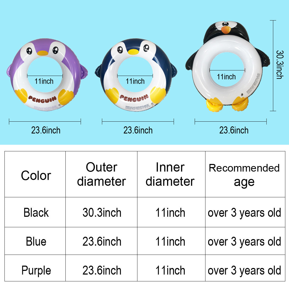 Inflatable Pool Tube for Kids, 3 Packs Penguin Swim Ring Pool Floats Party Toys for Swimming Pool Party Decorations XH