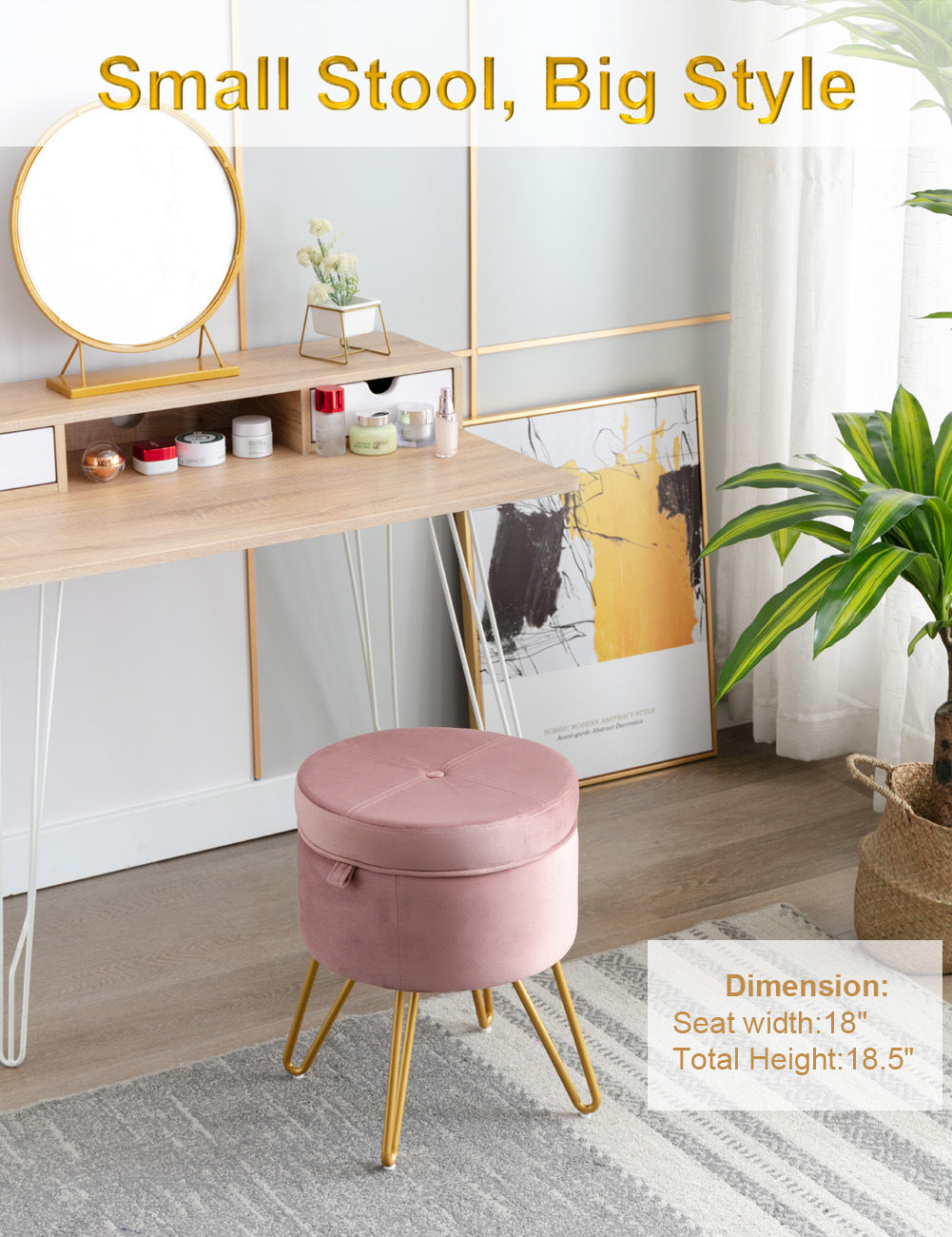 CoVibrant Velvet Vanity Stool with Storage and Tray Mid Century Small Round Ottoman for Bedroom Makeup Desk Living Room