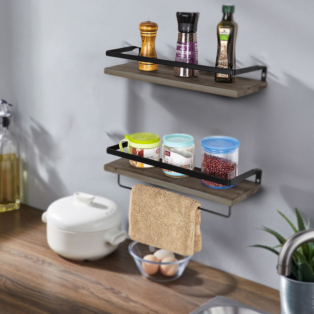 Floating Shelves with Towel Bar, Wall Mounted Storage Shelves Organizer for Bathroom, Kitchen, Bedroom, Living Room & Hallway, Set of 2, Dark Brown &light brown