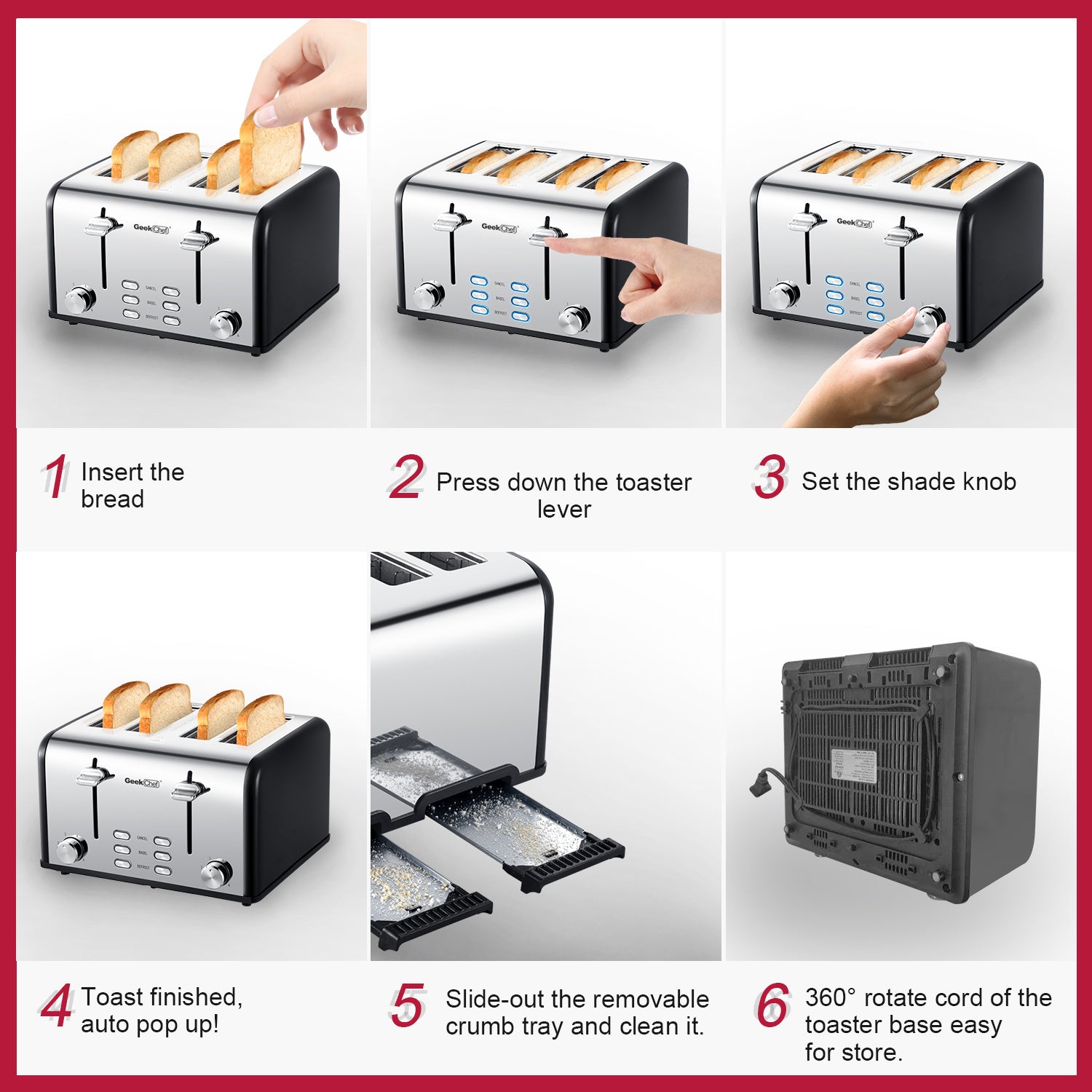 Toaster 4 Slice, Geek Chef Stainless Steel Extra-Wide Slot Toaster with Dual Control Panels of Bagel/Defrost/Cancel Function, 6 Toasting Bread Shade Settings, Removable Crumb Trays, Auto Pop-Up