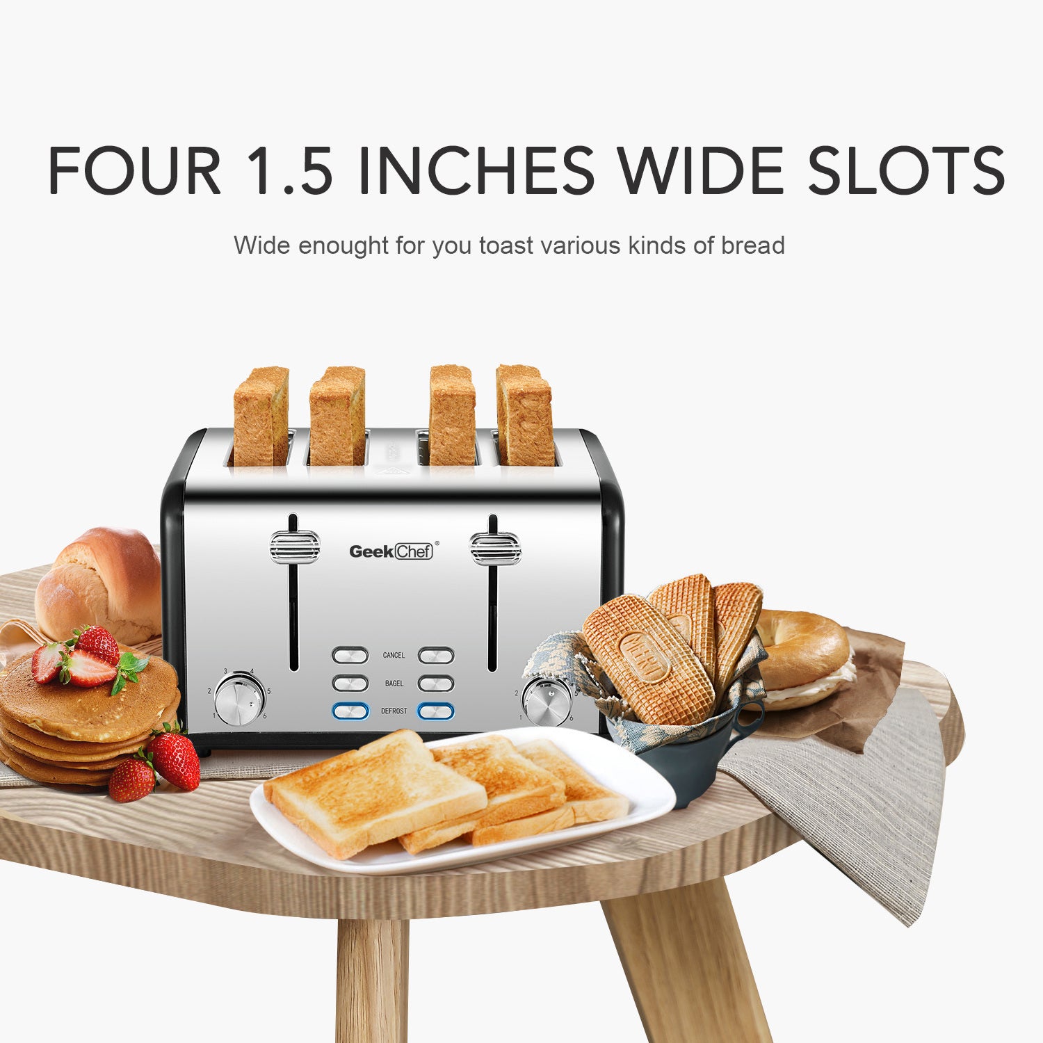 Toaster 4 Slice, Geek Chef Stainless Steel Extra-Wide Slot Toaster with Dual Control Panels of Bagel/Defrost/Cancel Function, 6 Toasting Bread Shade Settings, Removable Crumb Trays, Auto Pop-Up