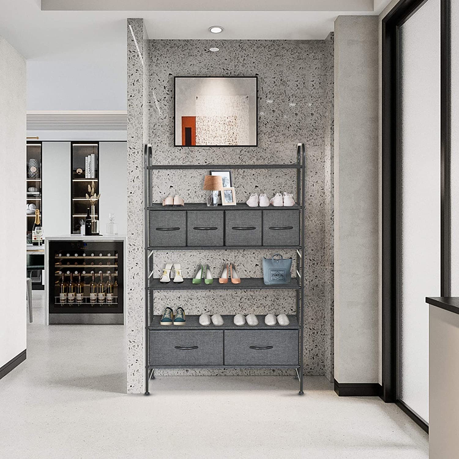 6-Tiers Shoes Shelf with 6 Removable Storage Bins Closet Shoe Storage Cabinet Organizer, Multi-Purpose Closet Organization with Bins and Shelving - Dark Indigo