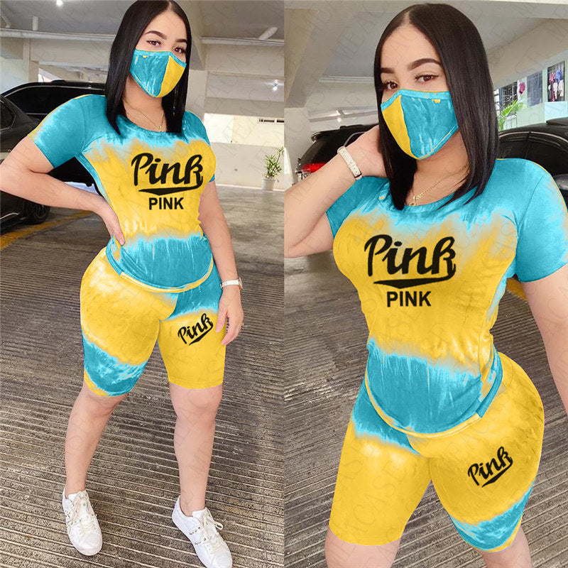 Women Summer Designer Tracksuit Pink Letter Print Two Piece Outfit Color Tie-Dye T-shirts Tendy Tops and Biker Shorts Sets Gradient Sportwear D52710