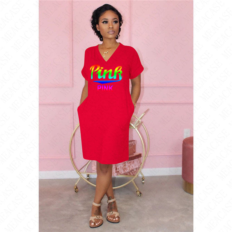 Women Colorful PINK letter print dress short sleeve skirts V-neck sexy dresses fashion summer clothes beach casual dress plus size S-2XL D61907