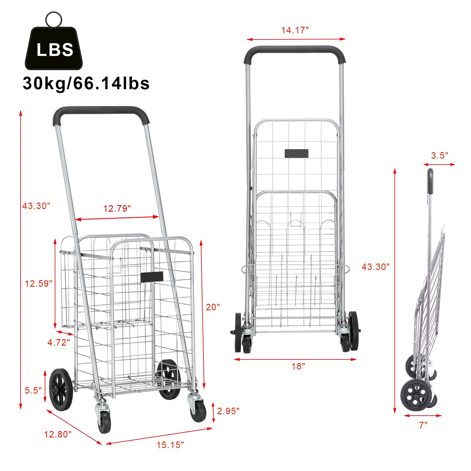 Free shipping Oshion Iron 1100mm Telescopic Armrest 0.8mm 16# Round Tube 30kg Silver Foldable Shopping Cart YJ