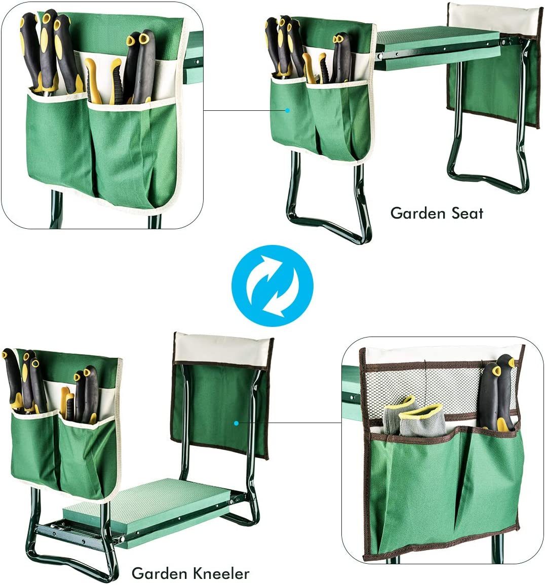 Garden Kneeler and Seat with 2 Bonus Tool Pouches - Portable Garden Bench EVA Foam Pad with Kneeling Pad for Gardening - Sturdy, Lightweight and Practical - Protect Knees and Clothes When Gardening XH