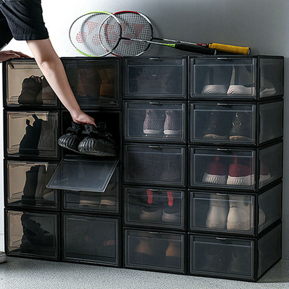 Free shipping 10PCS Storage Shoes Box Womens Mens Shoe Storage Display Box Plastic Foldable Stackable Shoe Container Clear Closet Shelf Shoe Organizer YJ