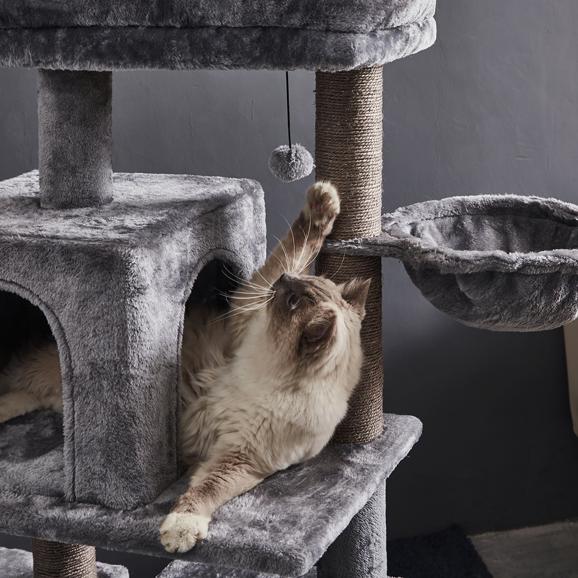 45 Inches Multi-Level Cat Tree with Sisal-Covered Scratching Posts, Replaceable Dangling Ball, Hammock and Condo for Large Cats YF