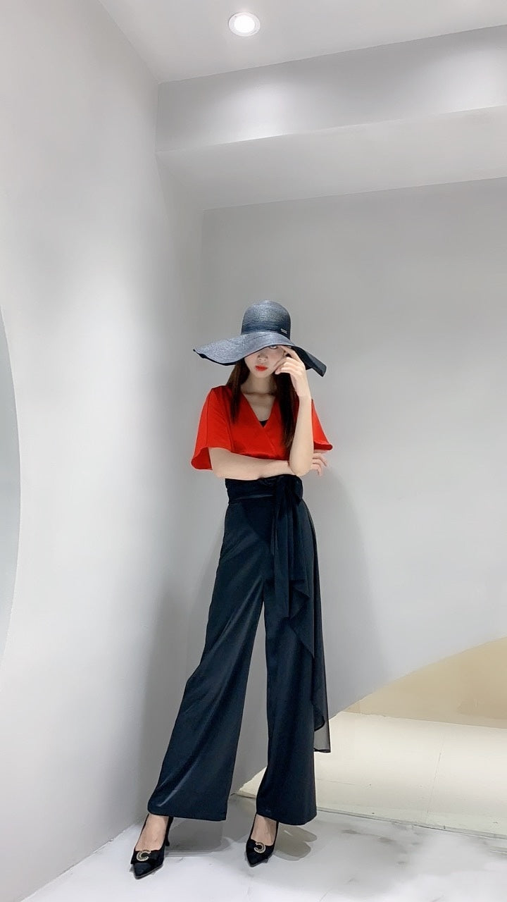 2020 Hot Selling VLUEE Women's Flowy Short Sleeve Loose Fit and Elastic Waist Wide Leg Pants