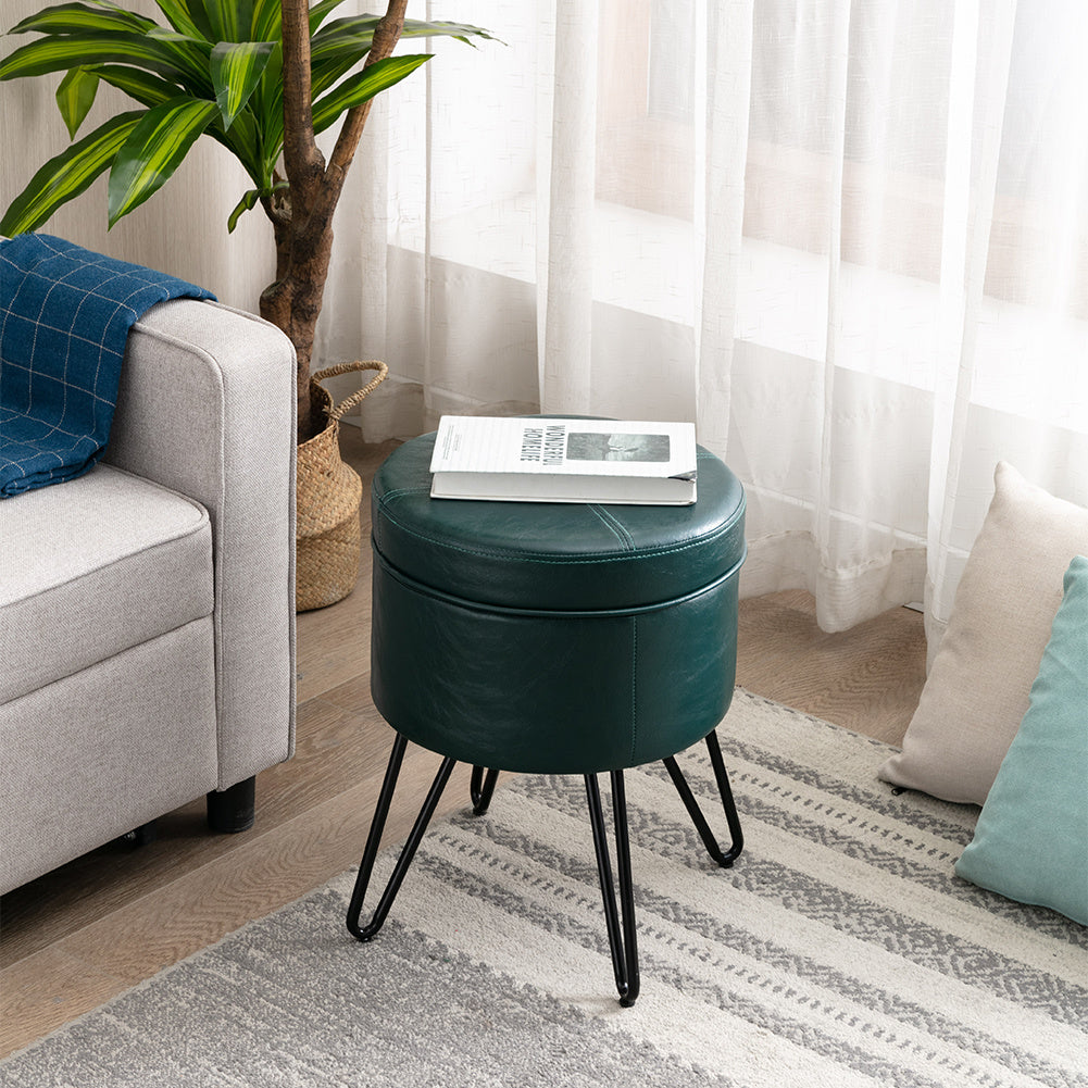 CoVibrant Velvet Vanity Stool with Storage and Tray Mid Century Small Round Ottoman for Bedroom Makeup Desk Living Room
