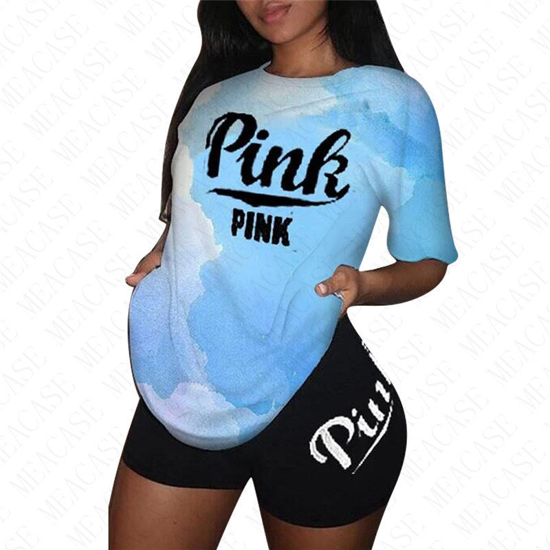 Women Summer Designer 2 piece Outfit Color Tie-dye Trendy Pink Letter Print Floral Tracksuit T-shirt Pullover Tops + Biker Shorts Sports Suit 3xl D52712