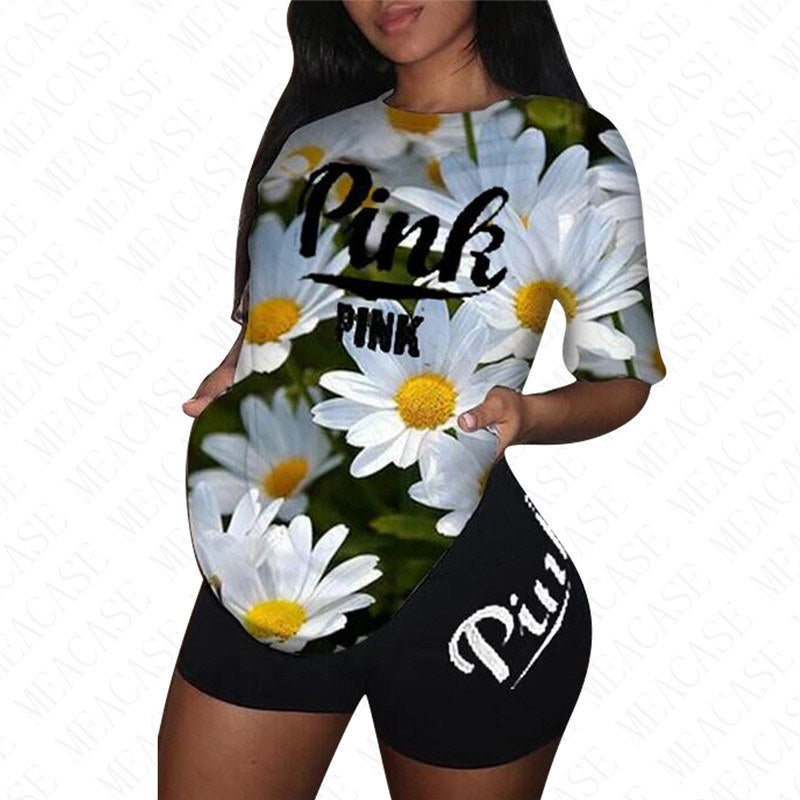 Women Summer Designer 2 piece Outfit Color Tie-dye Trendy Pink Letter Print Floral Tracksuit T-shirt Pullover Tops + Biker Shorts Sports Suit 3xl D52712