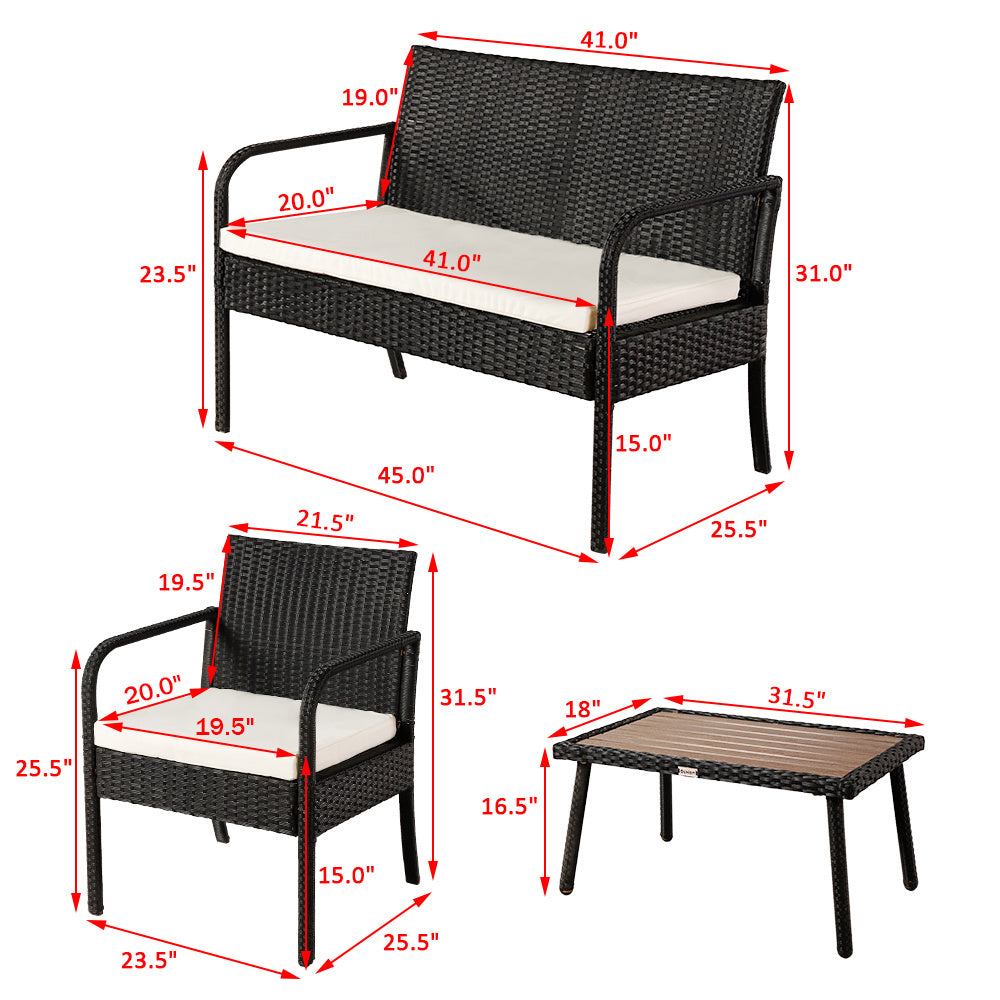 Free shipping 4 Pieces Outdoor Leisure Rattan Furniture Rattan Chair Small Four-piece Coffee Table Solid Wood Coffee Table-Black YJ