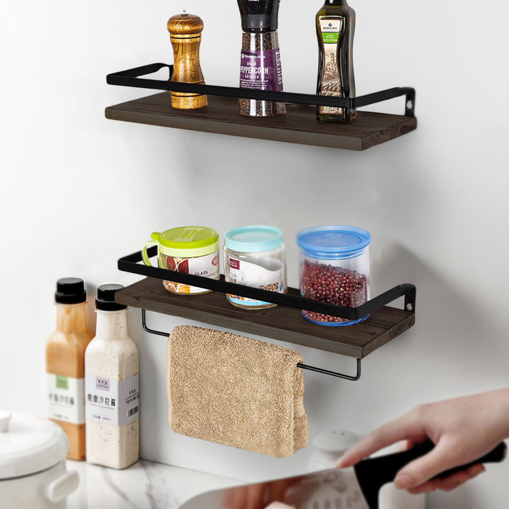 Floating Shelves with Towel Bar, Wall Mounted Storage Shelves Organizer for Bathroom, Kitchen, Bedroom, Living Room & Hallway, Set of 2, Dark Brown &light brown
