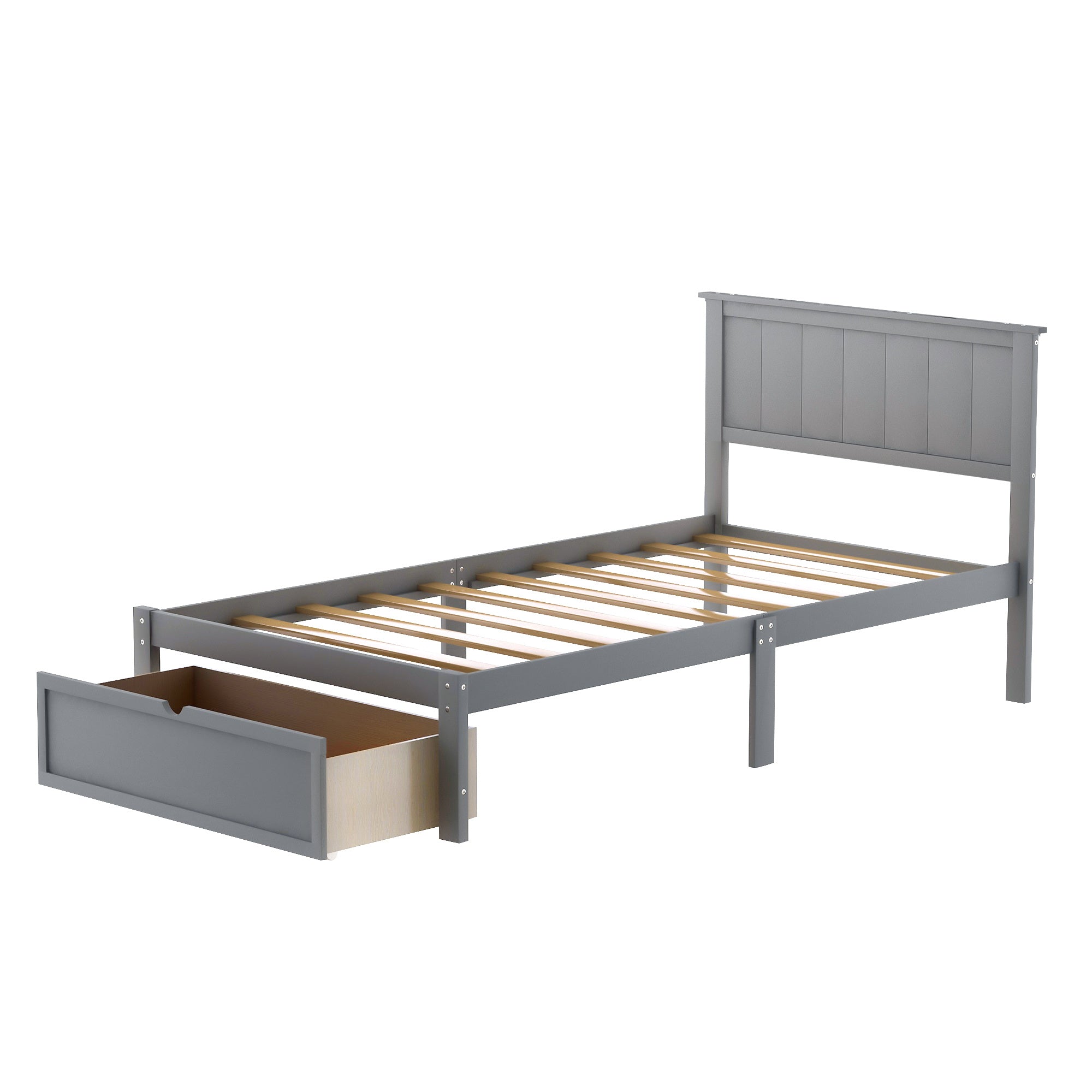 Twin Size Platform Bed with Under-bed Drawer, Gray RT