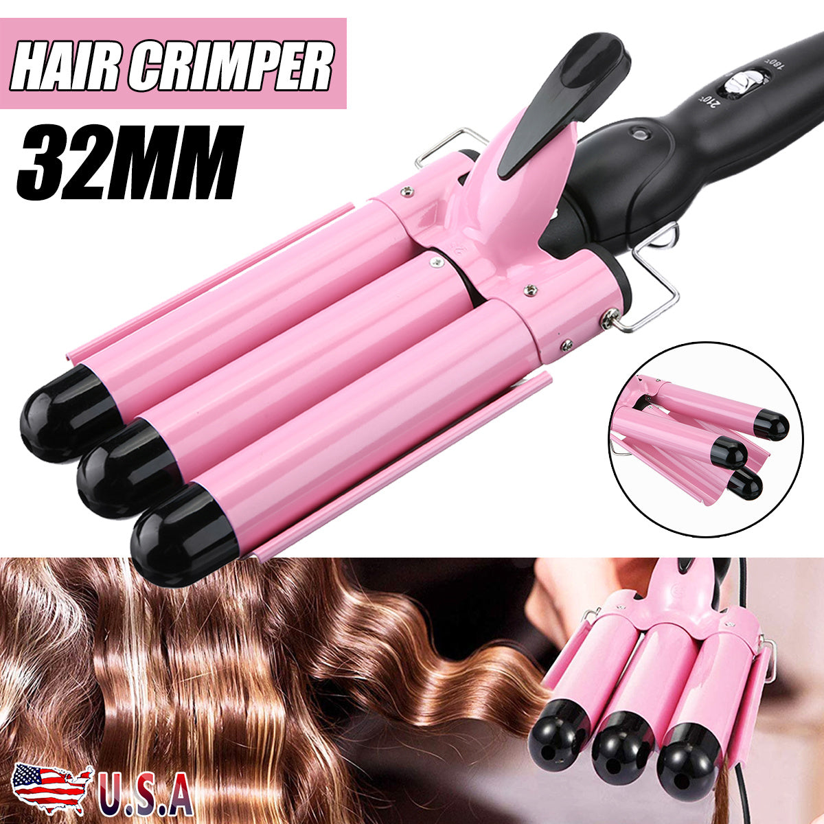 Free shipping 28MM Triple 3 Barrel Ceramic Hair Crimper Iron Salon Styler Curling Curler Waver YJ