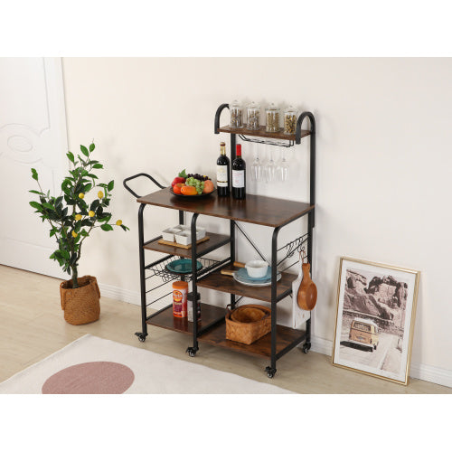 kitchen practical storage rack dining cart trolley, microwave oven rack 3 layers + 4 layers shelf, with 4 high-end hooks and 6 high-quality pulleys, spice rack organizer workstation (Rustic Brown)