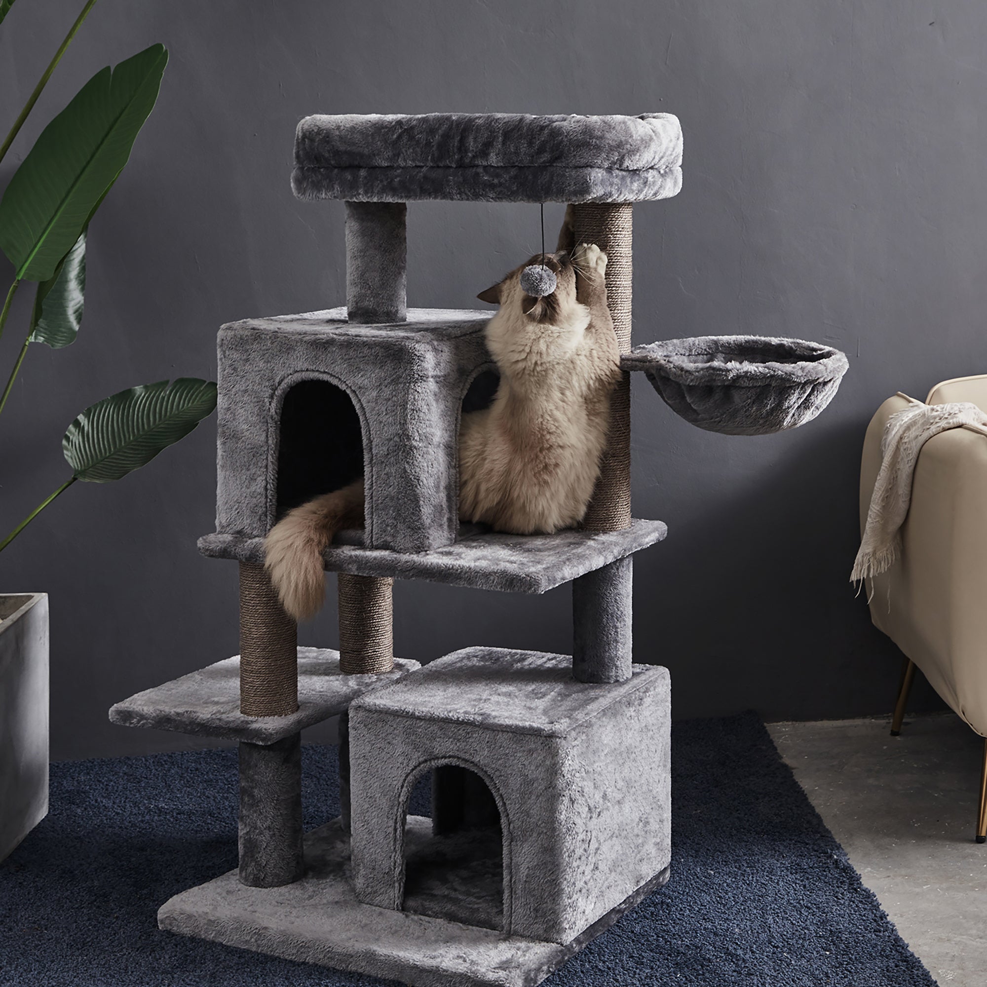 45 Inches Multi-Level Cat Tree with Sisal-Covered Scratching Posts, Replaceable Dangling Ball, Hammock and Condo for Large Cats YF