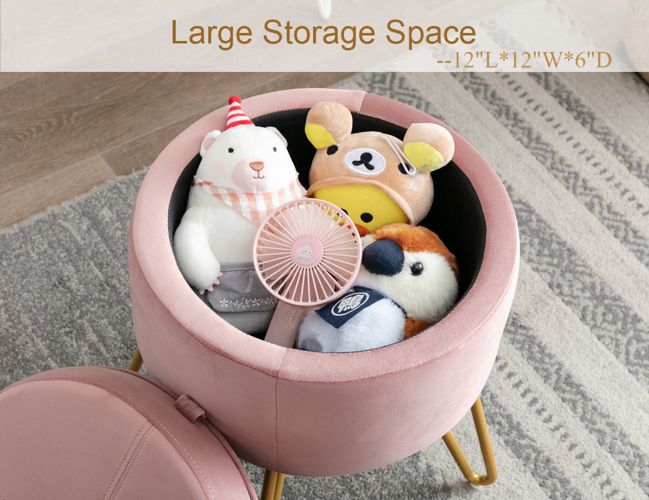 CoVibrant Velvet Vanity Stool with Storage and Tray Mid Century Small Round Ottoman for Bedroom Makeup Desk Living Room