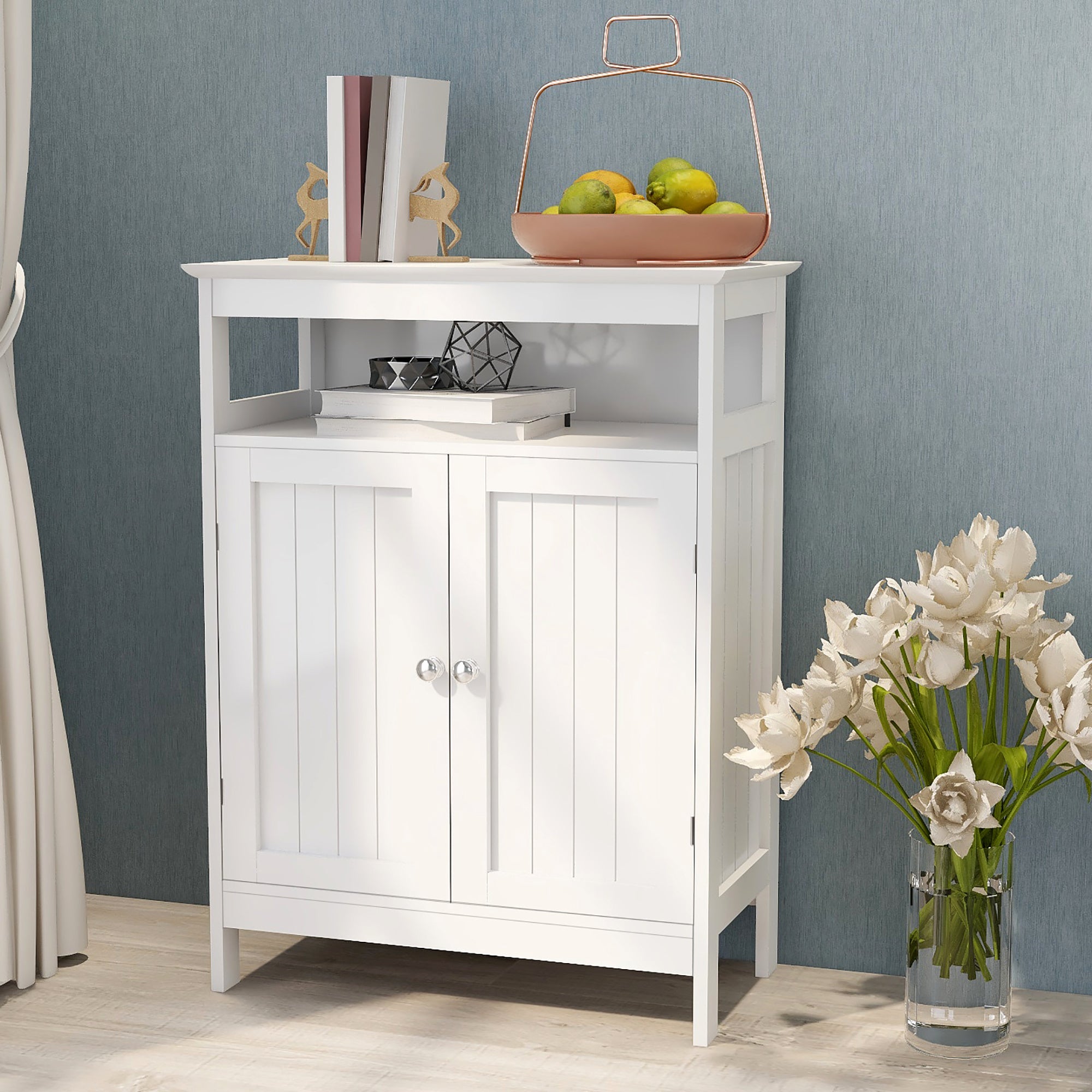 Free shipping Home Bathroom Floor Cabinet with Double Shutter Doors and Adjustable Shelves, Freestanding Bathroom Storage Cabinet with Adjustable Shelf