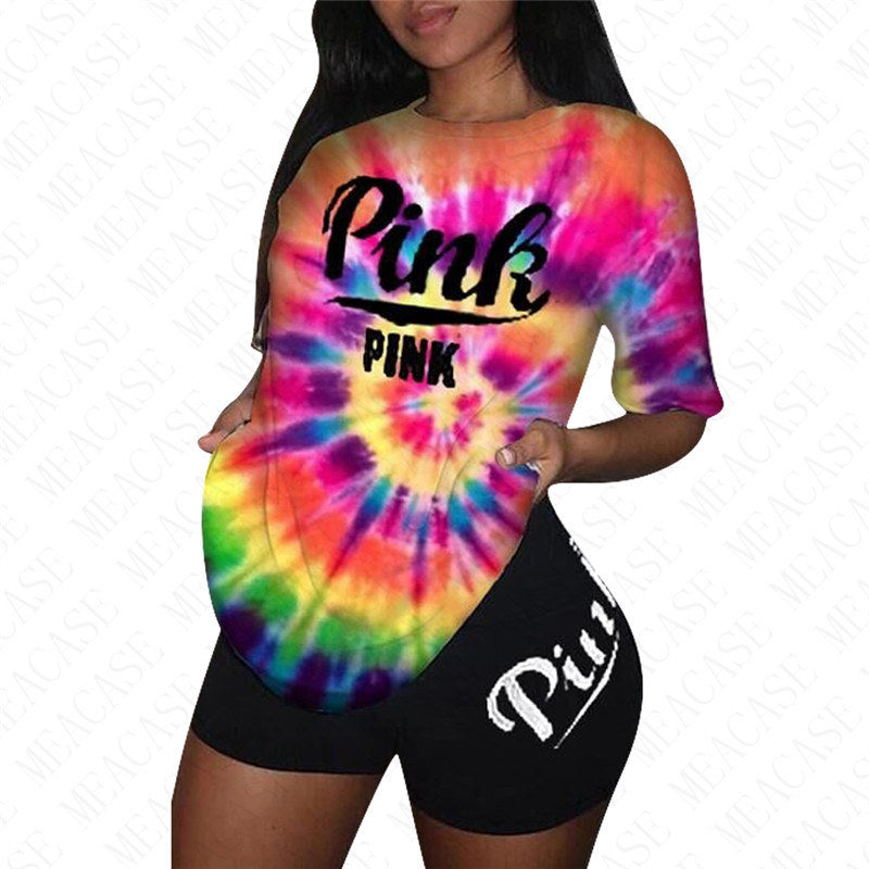 Women Summer Designer 2 piece Outfit Color Tie-dye Trendy Pink Letter Print Floral Tracksuit T-shirt Pullover Tops + Biker Shorts Sports Suit 3xl D52712