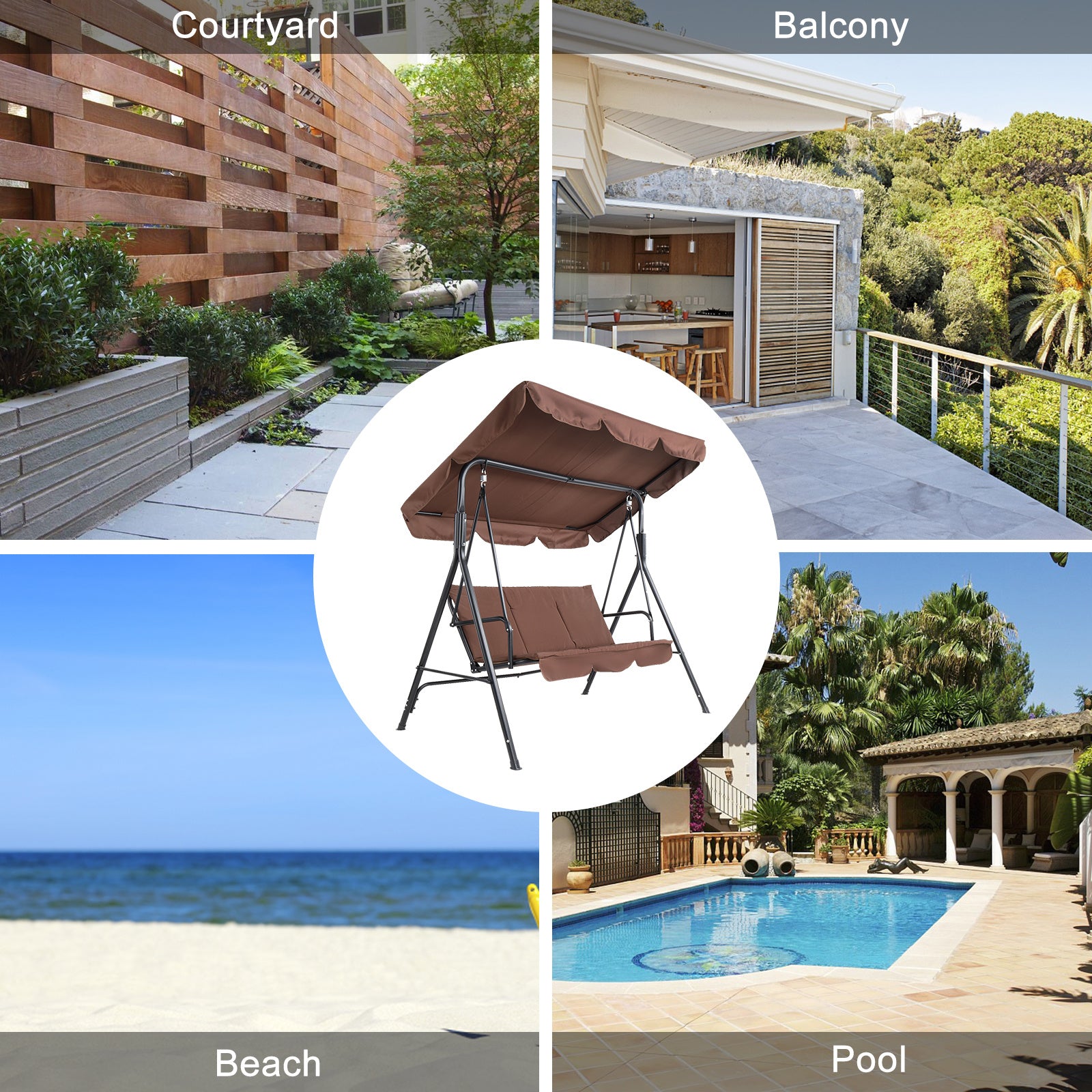 Free shipping Stable and durable three-person greenhouse coffee garden swing chair with roof 170*110*153cm With Canopy and Cushion 250kg Load-Bearing Iron Swing Brown YJ