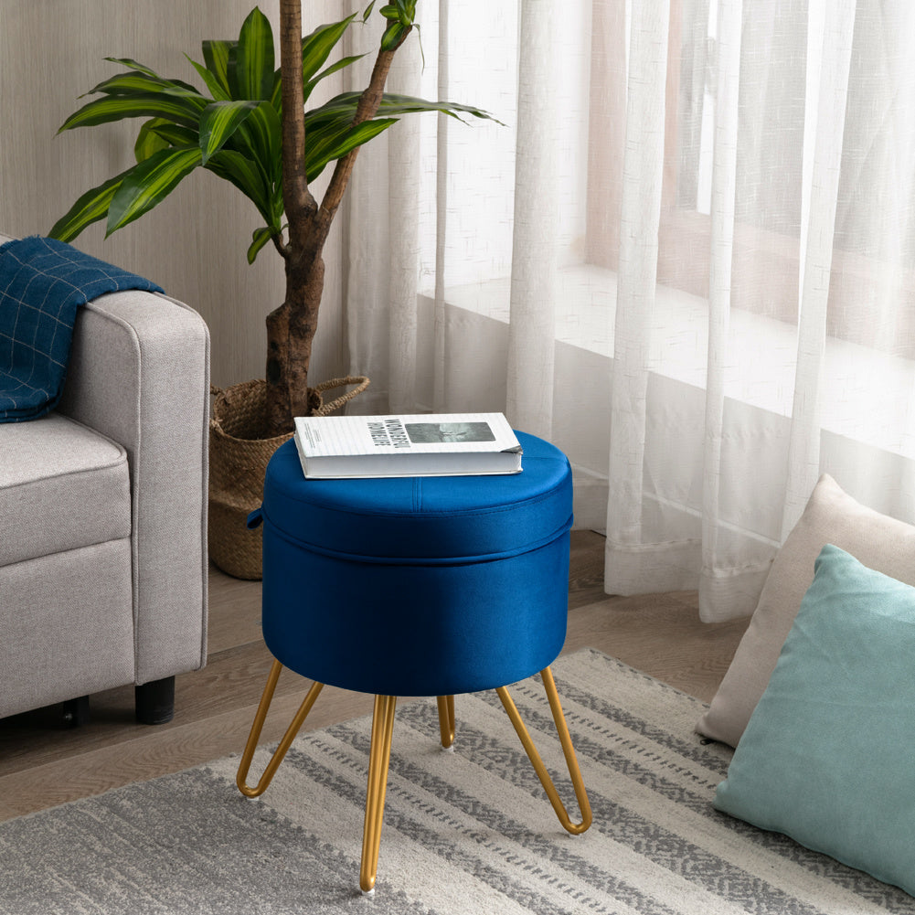 CoVibrant Velvet Vanity Stool with Storage and Tray Mid Century Small Round Ottoman for Bedroom Makeup Desk Living Room