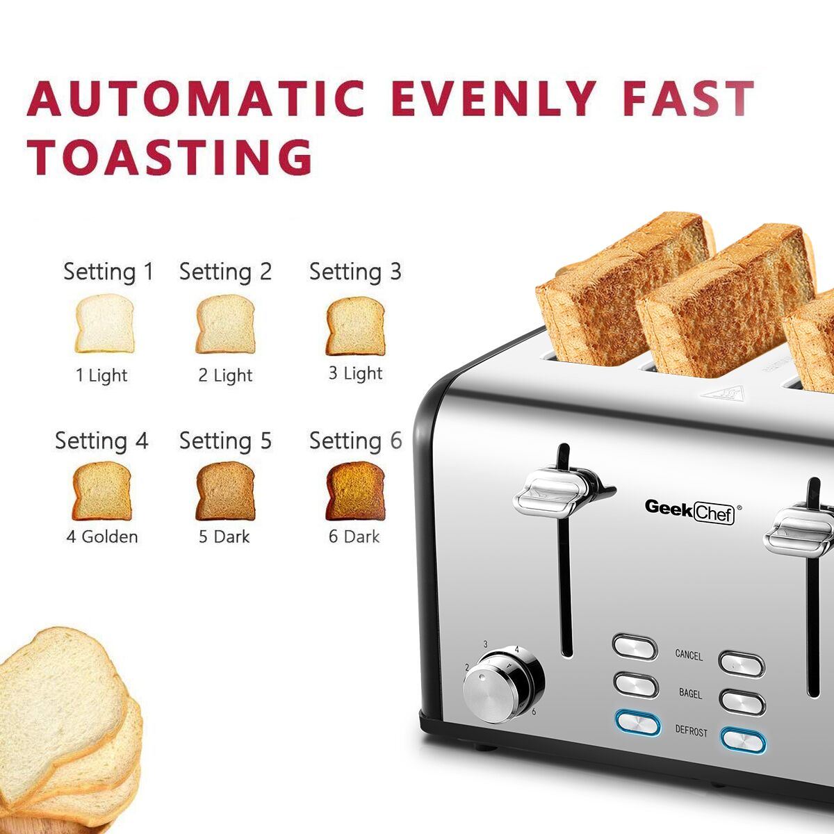 Toaster 4 Slice, Geek Chef Stainless Steel Extra-Wide Slot Toaster with Dual Control Panels of Bagel/Defrost/Cancel Function, 6 Toasting Bread Shade Settings, Removable Crumb Trays, Auto Pop-Up