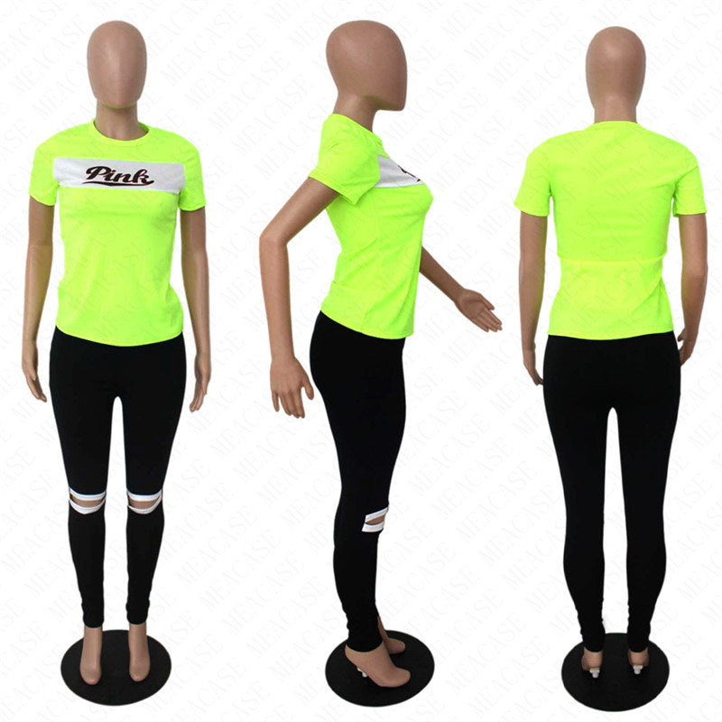 Women Tracksuit Pink Letters Print Summer T Shirt + Pants Two Pieces Sport Suit Designer Bare-kneed Leggings Tshirts Casual Outfits S-2XL D61708