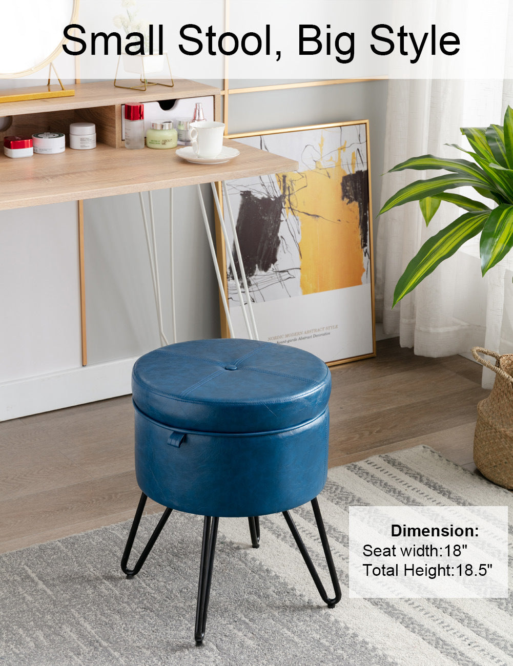 CoVibrant Velvet Vanity Stool with Storage and Tray Mid Century Small Round Ottoman for Bedroom Makeup Desk Living Room