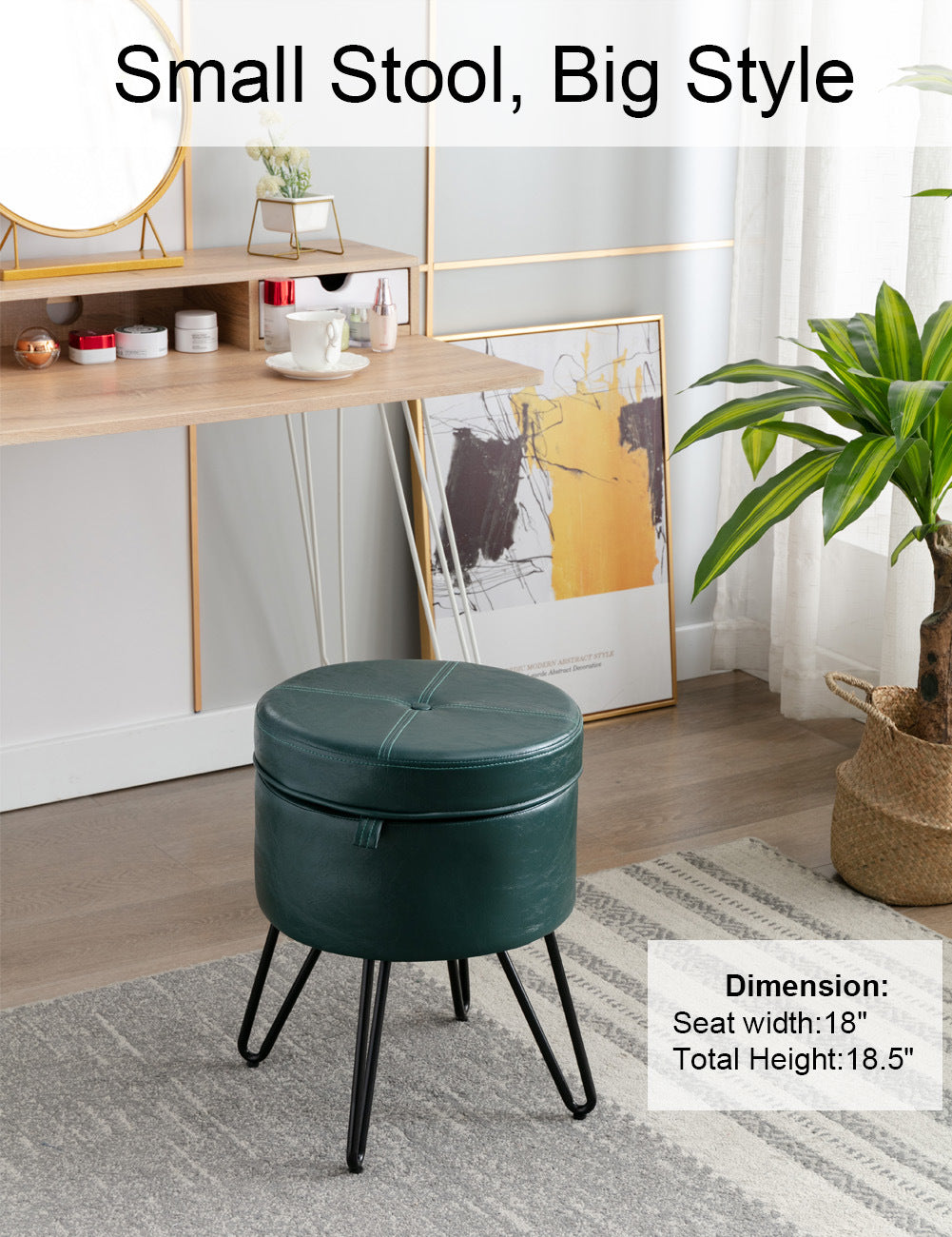 CoVibrant Velvet Vanity Stool with Storage and Tray Mid Century Small Round Ottoman for Bedroom Makeup Desk Living Room