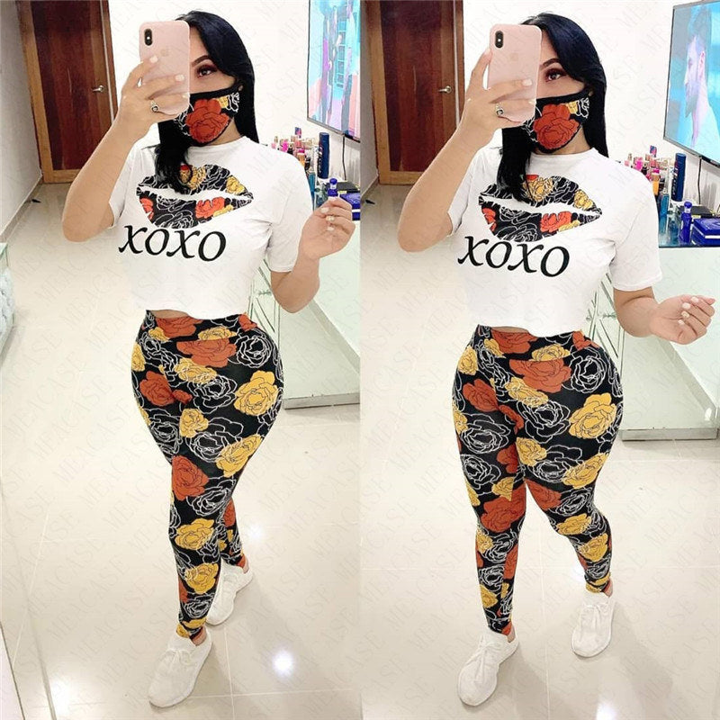 Women Letters Floral Lips Print Summer Leggings Set Women Three Piece Set with Mask Outfits Short Sleeves T shirt Pants Sport Suit Tracksuit Sportswear D61908