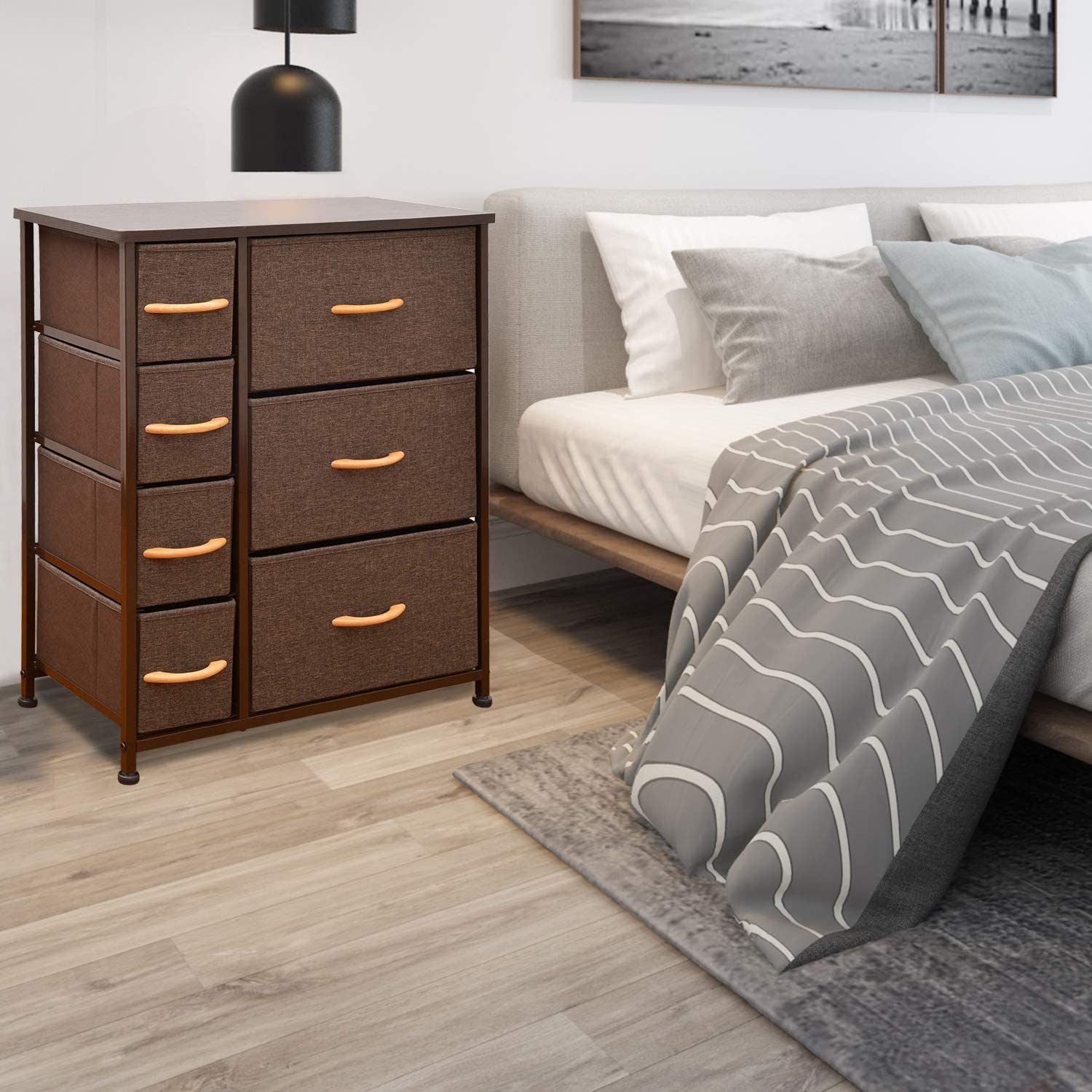 Dresser Storage Tower with 7 Drawers, Sturdy Steel Frame, Wood Top, Easy Pull Fabric Bins, Wood Handles, Organizer Unit for Bedroom, Entryway, Hallway, Closets - Brown