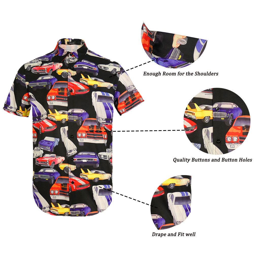 Men Retro Cars Print Casual Button Down Shirt Funny Graphic Short Sleeve Hawaiian Shirts