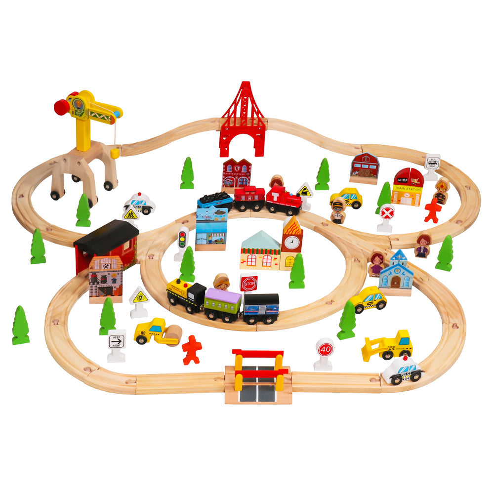 100pcs Wooden Train Set Learning Toy Kids Children Rail Lifter Fun Road Crossing Track Railway Play Multicolor YF