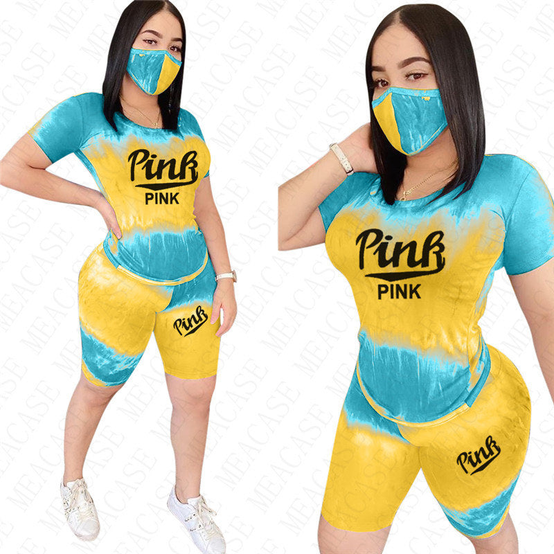Women Summer Designer Tracksuit Pink Letter Print Two Piece Outfit Color Tie-Dye T-shirts Tendy Tops and Biker Shorts Sets Gradient Sportwear D52710